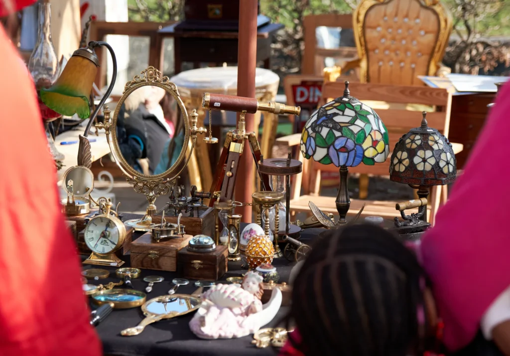 A colorful collection of vintage items displayed for sale